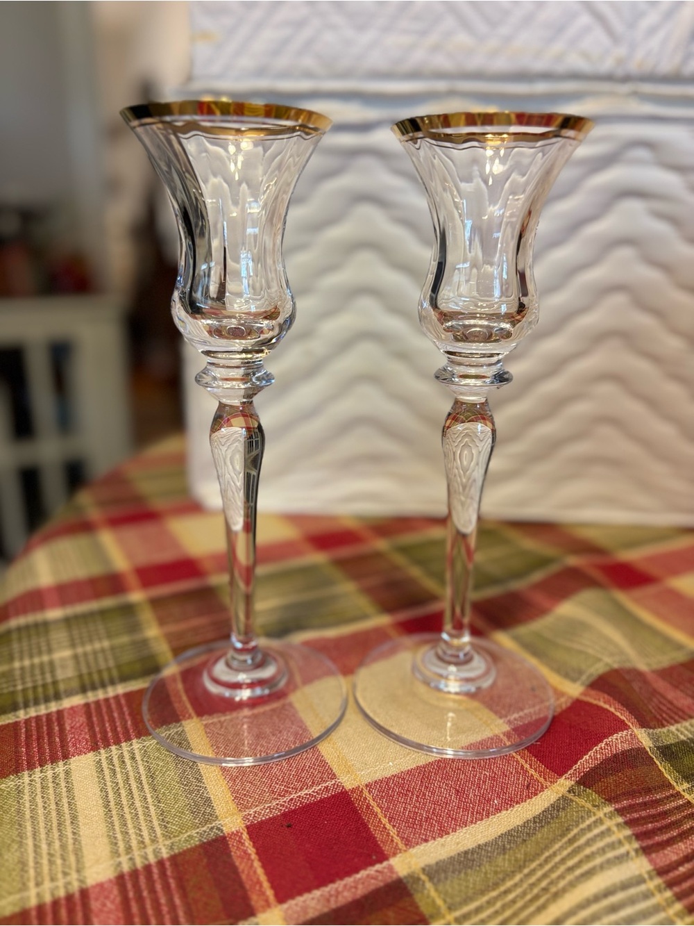 Mikasa Elegant Clear Glass Candle Holders with Gold Rim - Pair